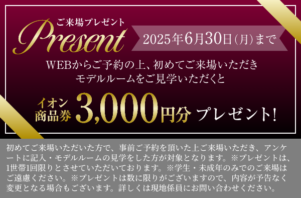 ご来場プレゼント2025年6月30日まで イオン商品券3,000円分プレゼント!