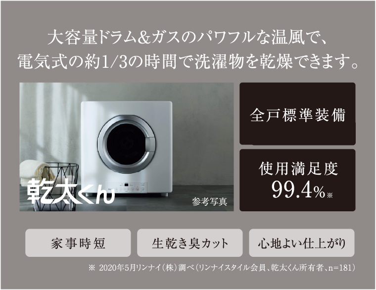 大容量ドラム&ガスのパワフルな温風で、電気式の約1/3の時間で洗濯物を乾燥できます。